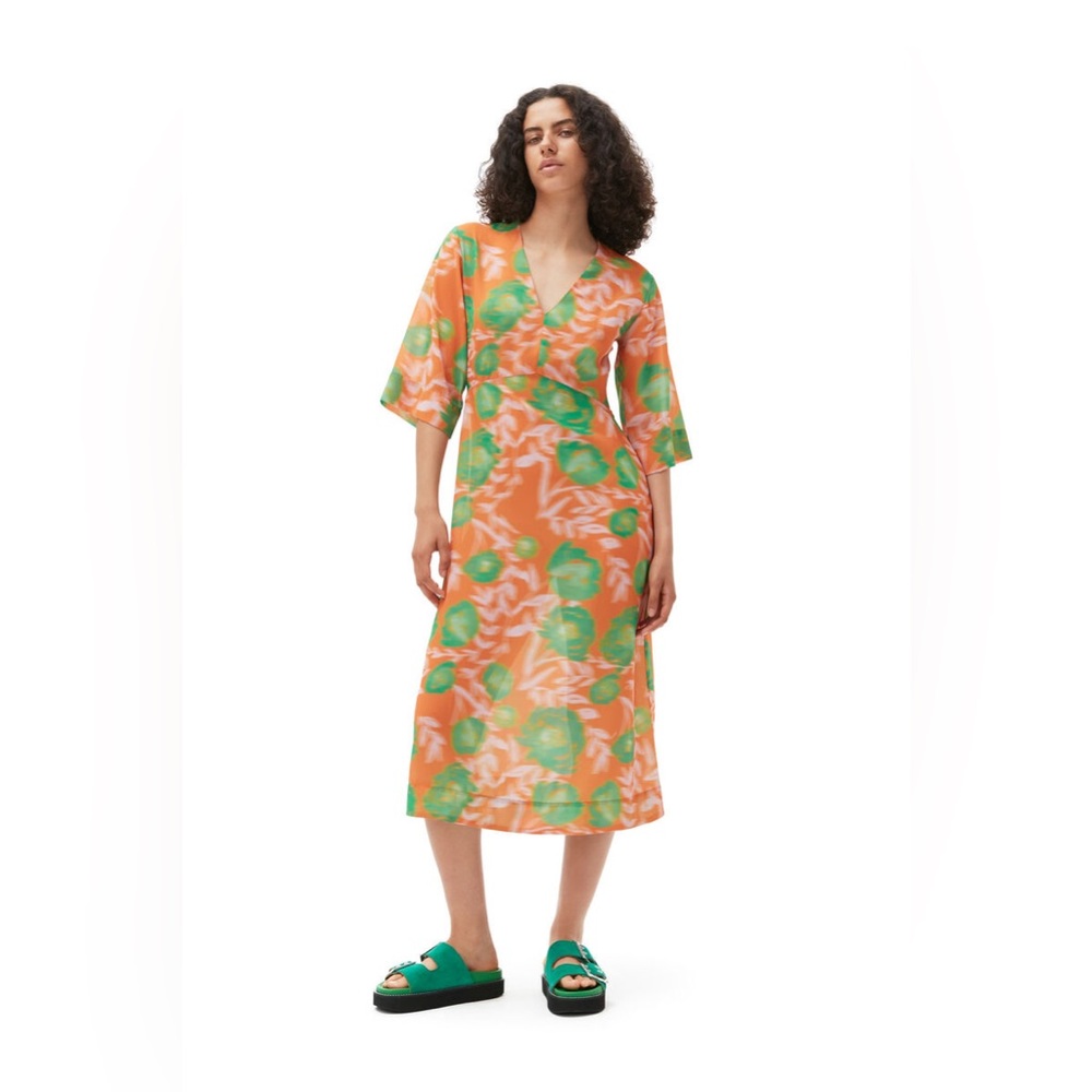 Ganni recycled polyester orange print v neck midi dress